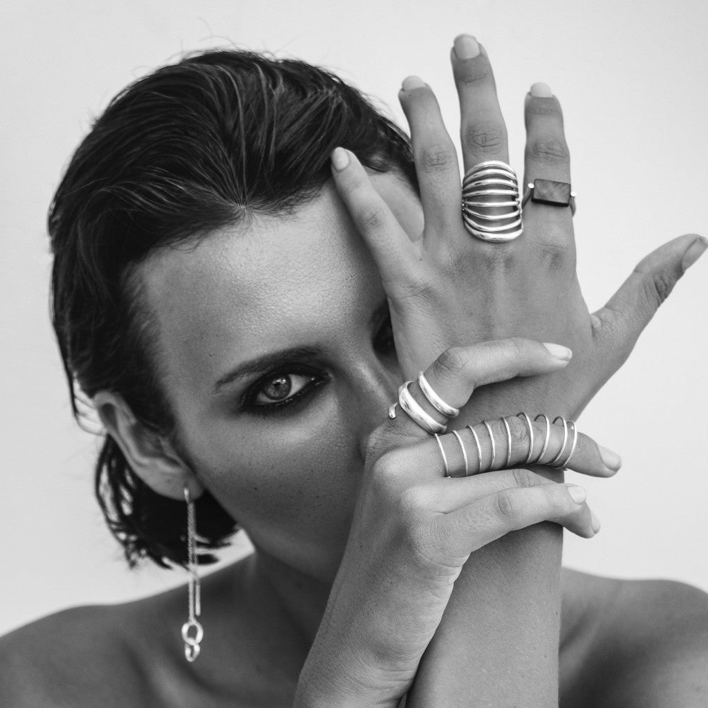 VIKA jewels jewelry jewellery ARMOUR RING 1 fantasia collection recycled sterling silver ring handmade Bali shoot editorial Photographer Pierre Cost Model Irina Kro Make up Ekaterina Stolbova black and white portrait