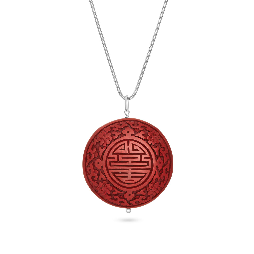 VIKAjewels CHINESE NECKLACE this necklace was inspired by travelling through Hong Kong the pendant is Ø5.5cm cinnabar carved wood silver details were made from 925 recycled sterling silver available with 60cm Snake chain and 50cm link chain handmade in Bali